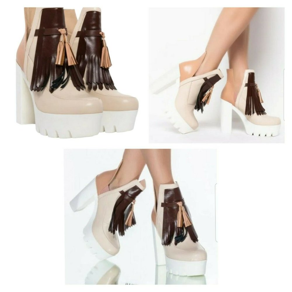 AZALEA WANG Womens Brown White Tassled Chunky Heel Shoes Platform Bootie 8.5 NEW